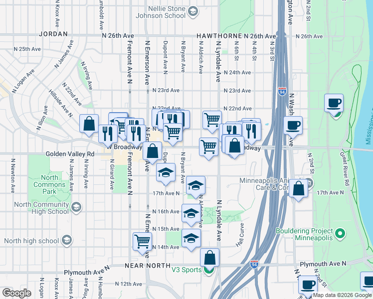 map of restaurants, bars, coffee shops, grocery stores, and more near in Minneapolis