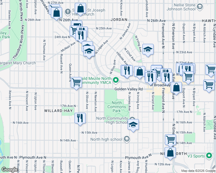map of restaurants, bars, coffee shops, grocery stores, and more near 1835 North Morgan Avenue in Minneapolis