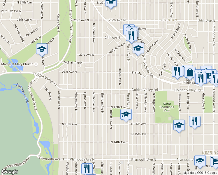 map of restaurants, bars, coffee shops, grocery stores, and more near 2327 Golden Valley Road in Minneapolis