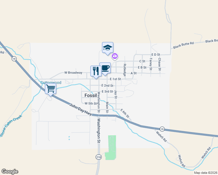 map of restaurants, bars, coffee shops, grocery stores, and more near 680 Main Street in Fossil