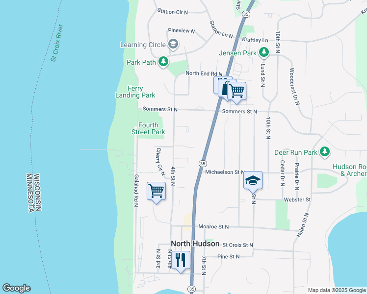 map of restaurants, bars, coffee shops, grocery stores, and more near 609 4th Street North in Hudson