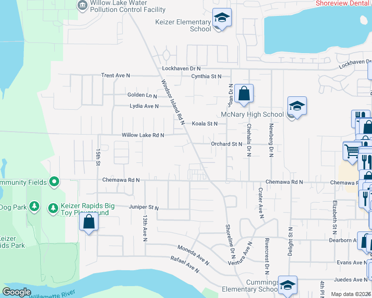 map of restaurants, bars, coffee shops, grocery stores, and more near 1112 Orchard Court North in Keizer