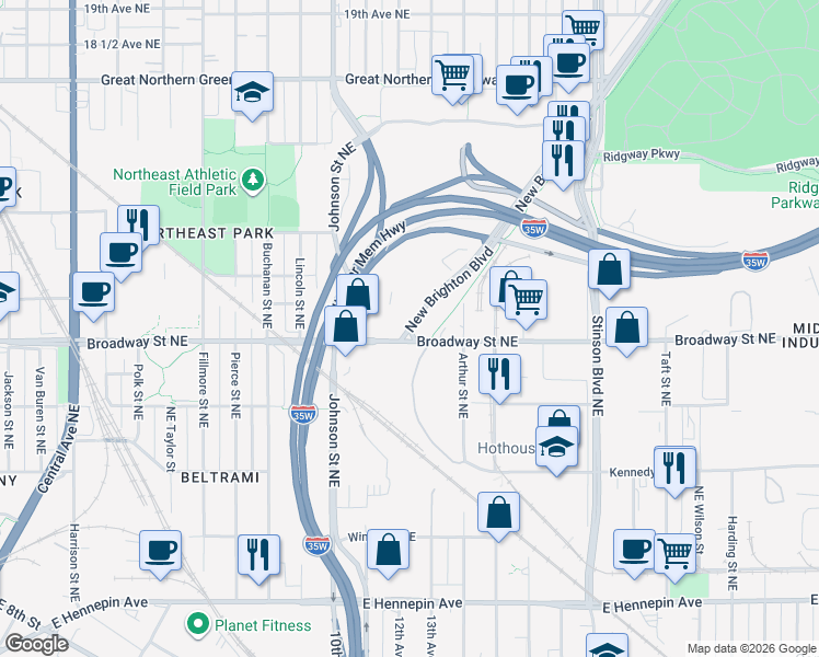 map of restaurants, bars, coffee shops, grocery stores, and more near 1101 New Brighton Boulevard in Minneapolis