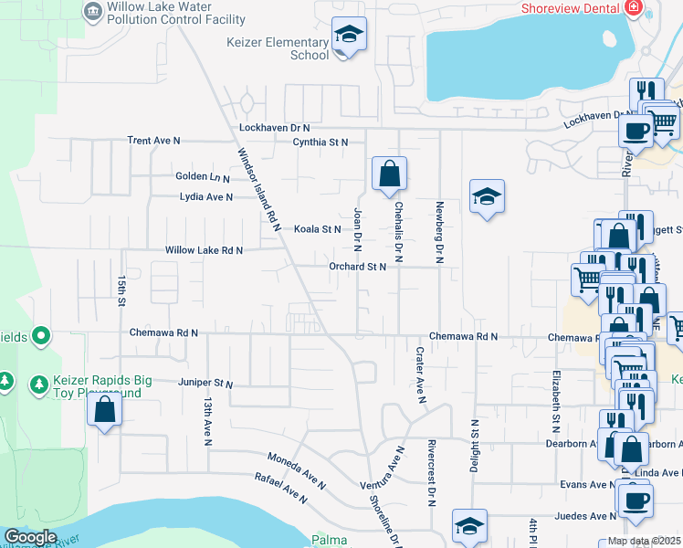 map of restaurants, bars, coffee shops, grocery stores, and more near 938 Orchard Street North in Keizer