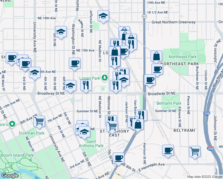 map of restaurants, bars, coffee shops, grocery stores, and more near 755 Monroe Street Northeast in Minneapolis