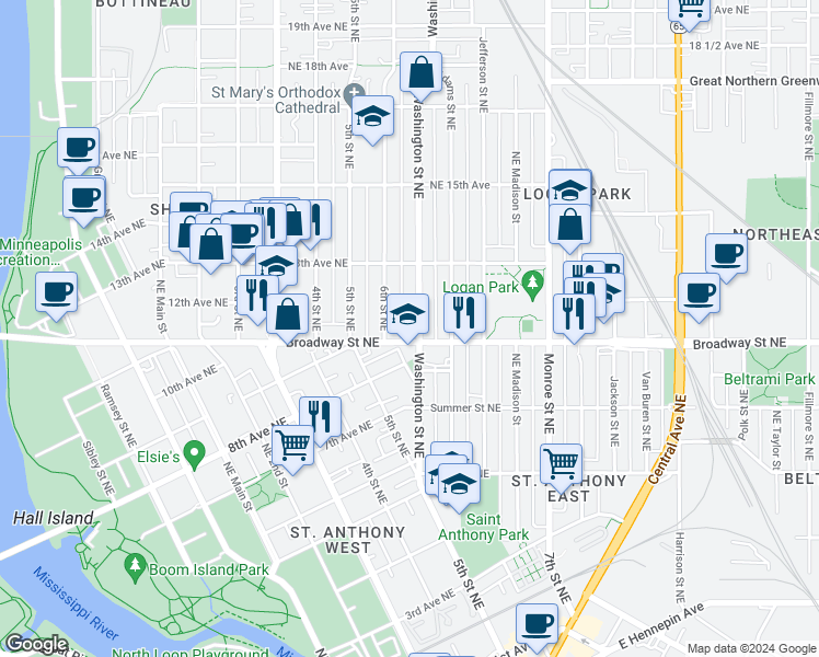 map of restaurants, bars, coffee shops, grocery stores, and more near 610 Broadway Street Northeast in Minneapolis