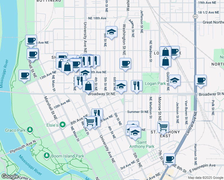 map of restaurants, bars, coffee shops, grocery stores, and more near 500 Broadway Street Northeast in Minneapolis