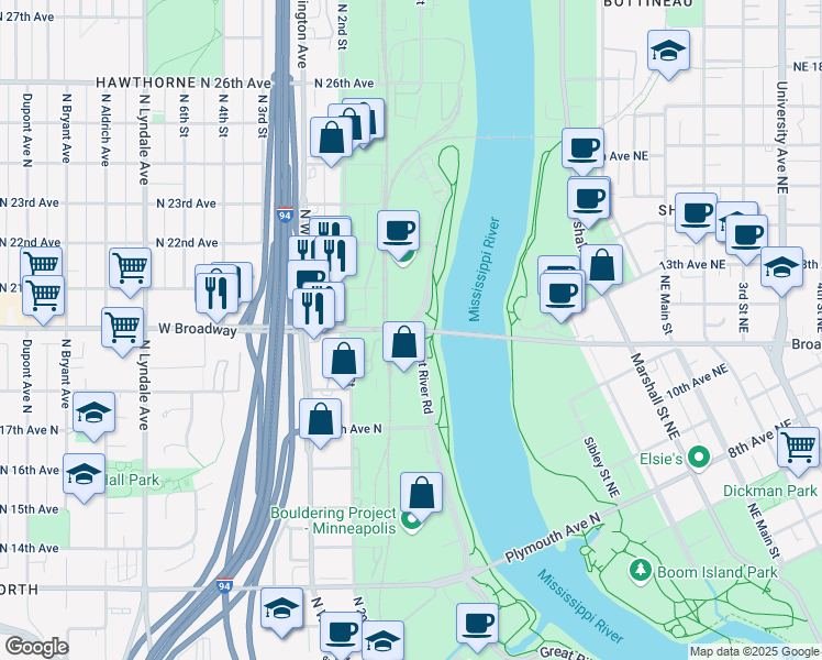 map of restaurants, bars, coffee shops, grocery stores, and more near 1977 West River Rd N in Minneapolis