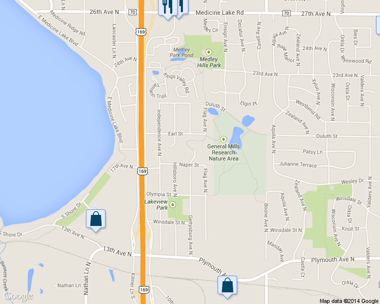 map of restaurants, bars, coffee shops, grocery stores, and more near 1636 Hillsboro Avenue North in Minneapolis