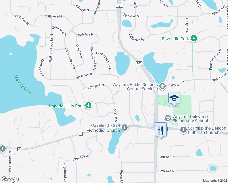 map of restaurants, bars, coffee shops, grocery stores, and more near 1815 Peony Lane North in Plymouth