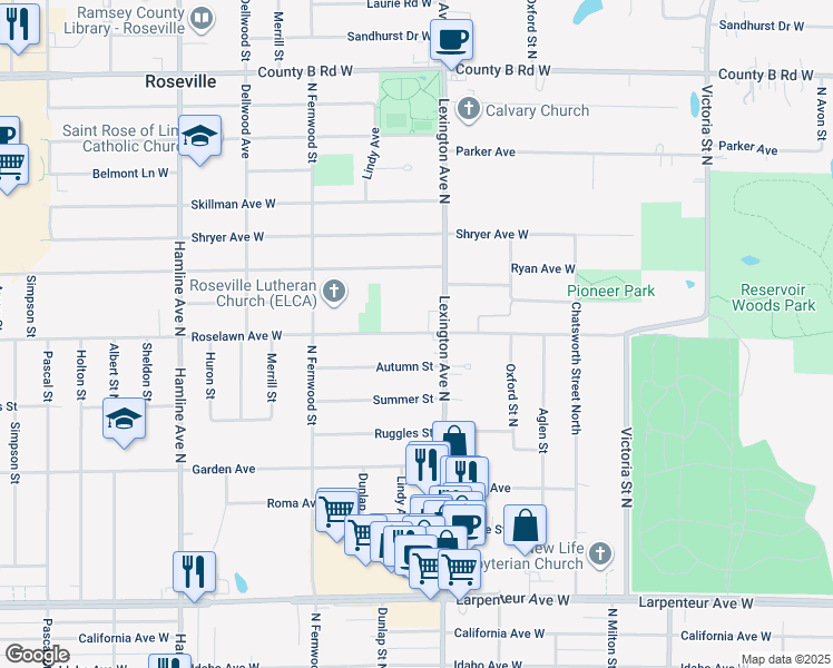 map of restaurants, bars, coffee shops, grocery stores, and more near 1115 Autumn Street in Roseville