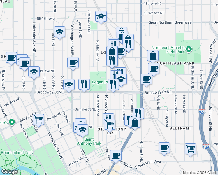 map of restaurants, bars, coffee shops, grocery stores, and more near 755 Monroe Street Northeast in Minneapolis