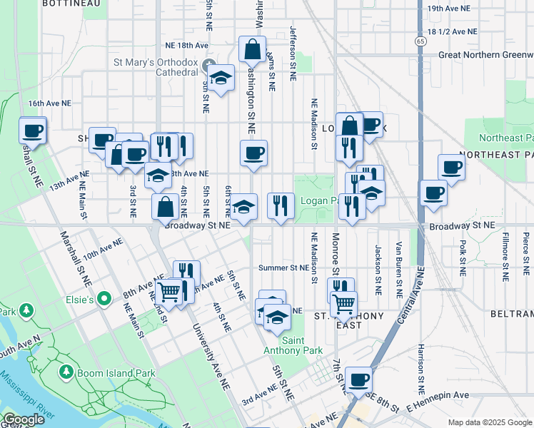 map of restaurants, bars, coffee shops, grocery stores, and more near in Minneapolis