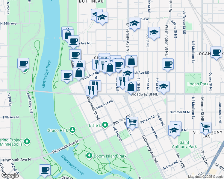 map of restaurants, bars, coffee shops, grocery stores, and more near in Minneapolis
