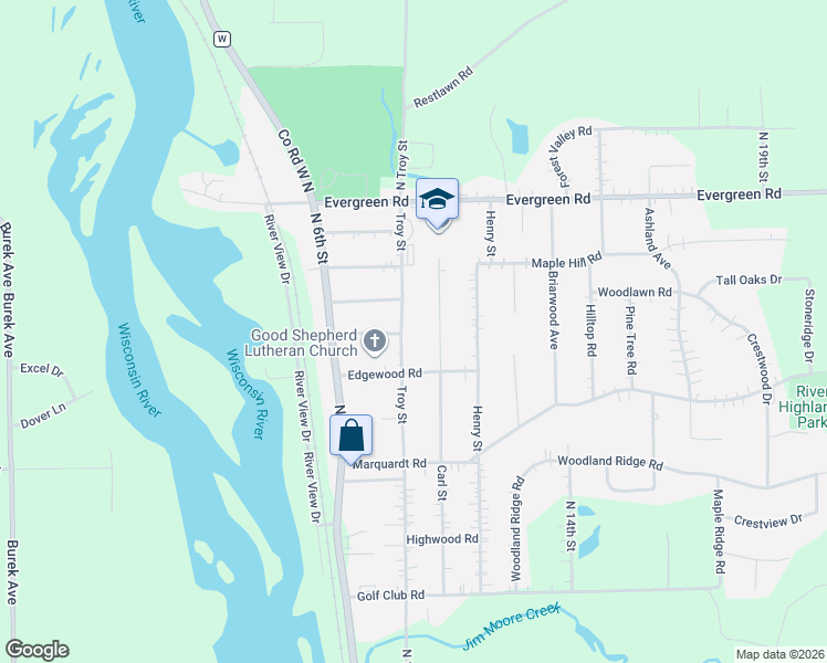 map of restaurants, bars, coffee shops, grocery stores, and more near 4009 Troy Street in Wausau