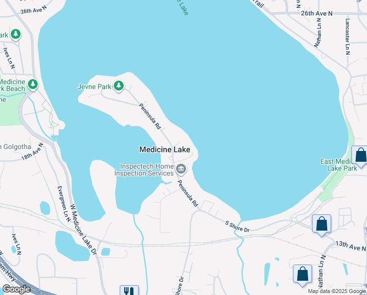 map of restaurants, bars, coffee shops, grocery stores, and more near 156 Peninsula Road in Medicine Lake