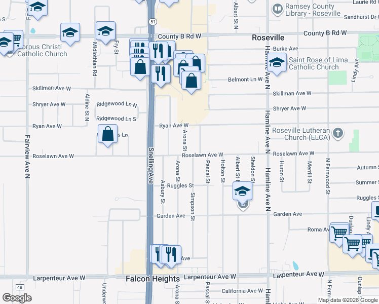 map of restaurants, bars, coffee shops, grocery stores, and more near 1901 Simpson Street in Falcon Heights