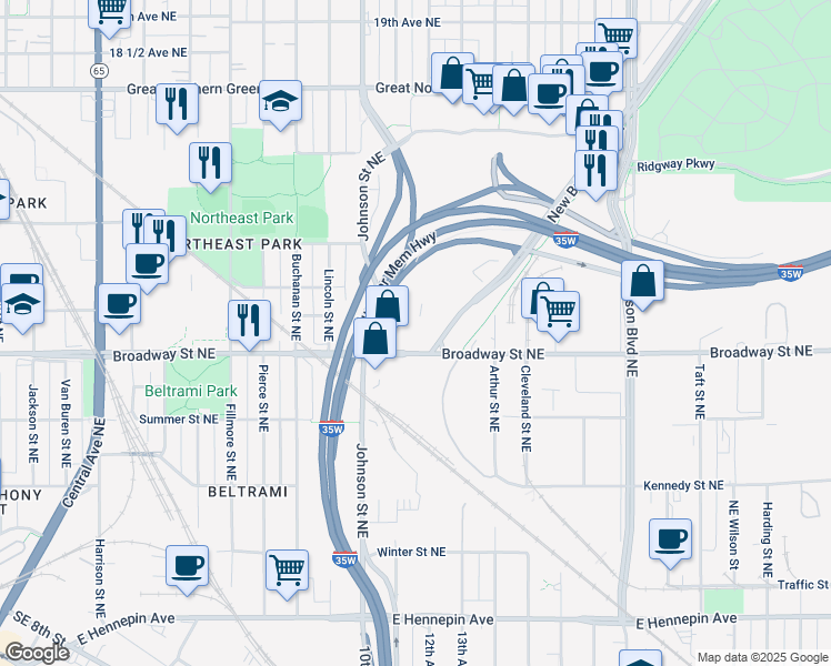 map of restaurants, bars, coffee shops, grocery stores, and more near 1247-1299 Ulysses Street Northeast in Minneapolis