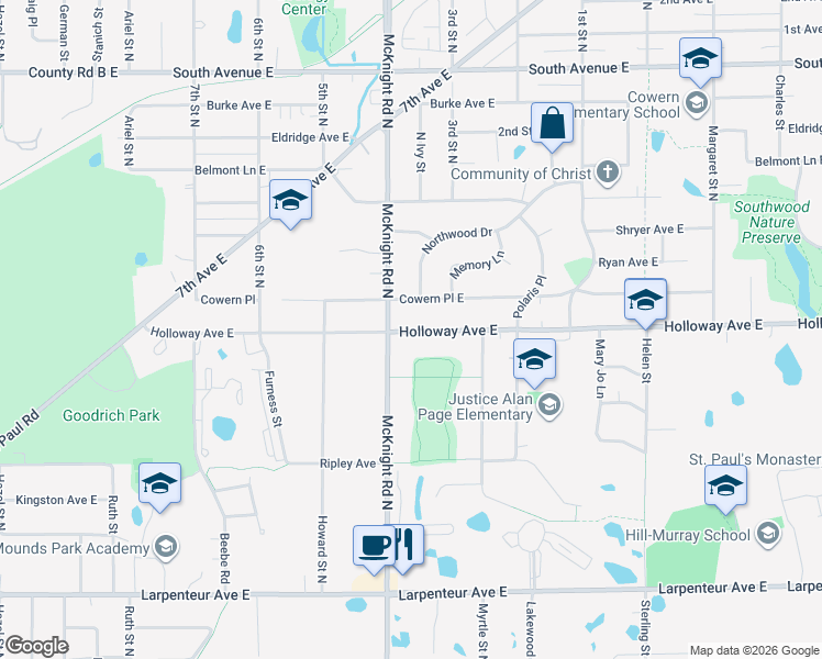 map of restaurants, bars, coffee shops, grocery stores, and more near 2270 Cowern Place East in North Saint Paul