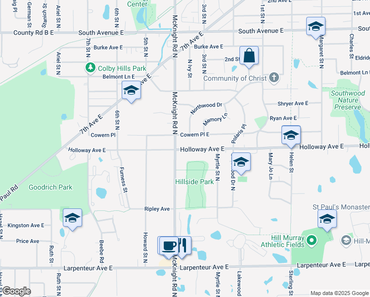 map of restaurants, bars, coffee shops, grocery stores, and more near 2270 Cowern Place East in North Saint Paul