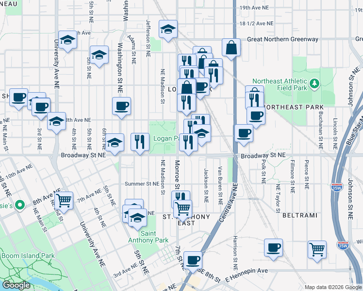 map of restaurants, bars, coffee shops, grocery stores, and more near 1201 Monroe Street Northeast in Minneapolis