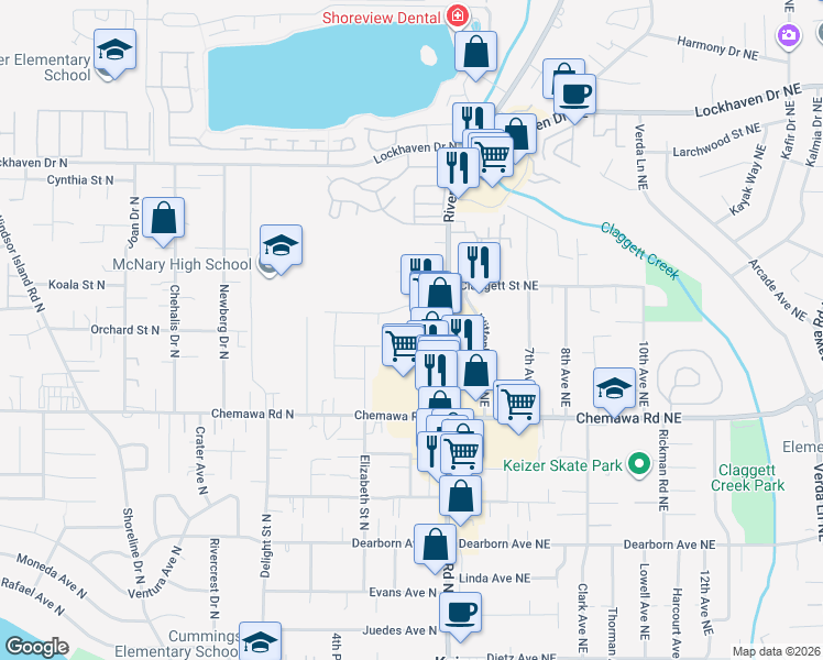 map of restaurants, bars, coffee shops, grocery stores, and more near 180 Sandy Drive North in Keizer