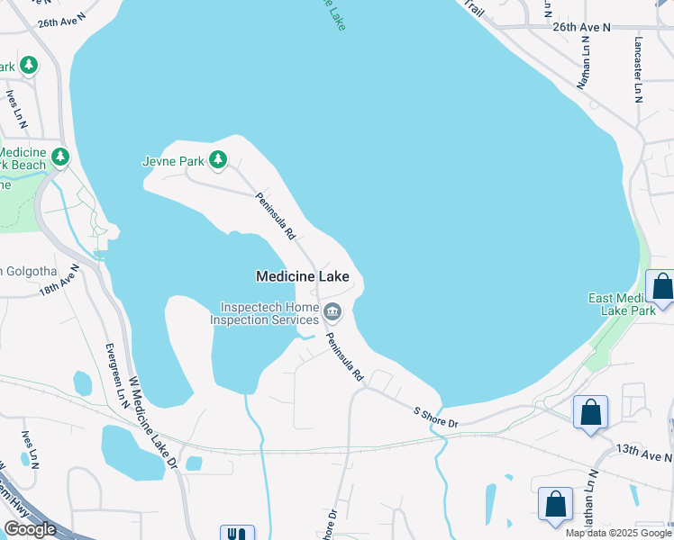 map of restaurants, bars, coffee shops, grocery stores, and more near 158 Peninsula Road in Minneapolis