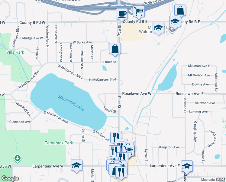 map of restaurants, bars, coffee shops, grocery stores, and more near 161 McCarron Street in Roseville