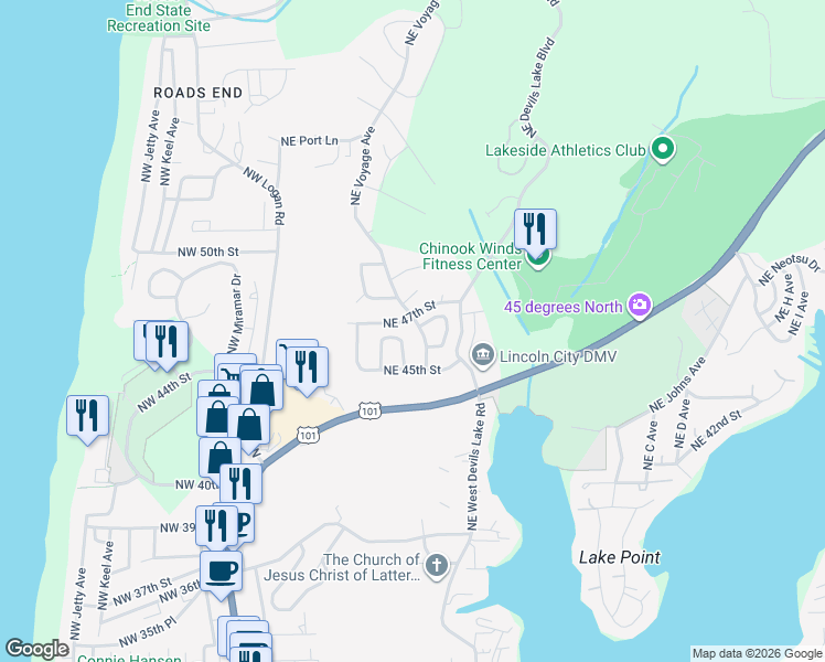 map of restaurants, bars, coffee shops, grocery stores, and more near 2897 Northeast 47th Street in Lincoln City