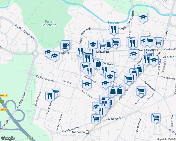 map of restaurants, bars, coffee shops, grocery stores, and more near 60 Via Juvarra Filippo in Nichelino