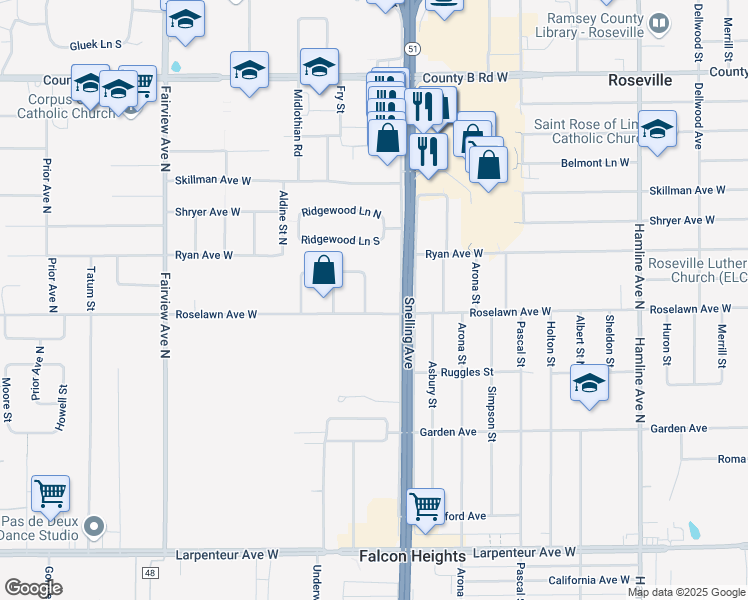 map of restaurants, bars, coffee shops, grocery stores, and more near 26 Mid Oaks Lane in Roseville