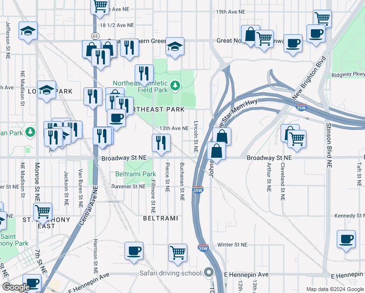 map of restaurants, bars, coffee shops, grocery stores, and more near 1206 Buchanan Street Northeast in Minneapolis