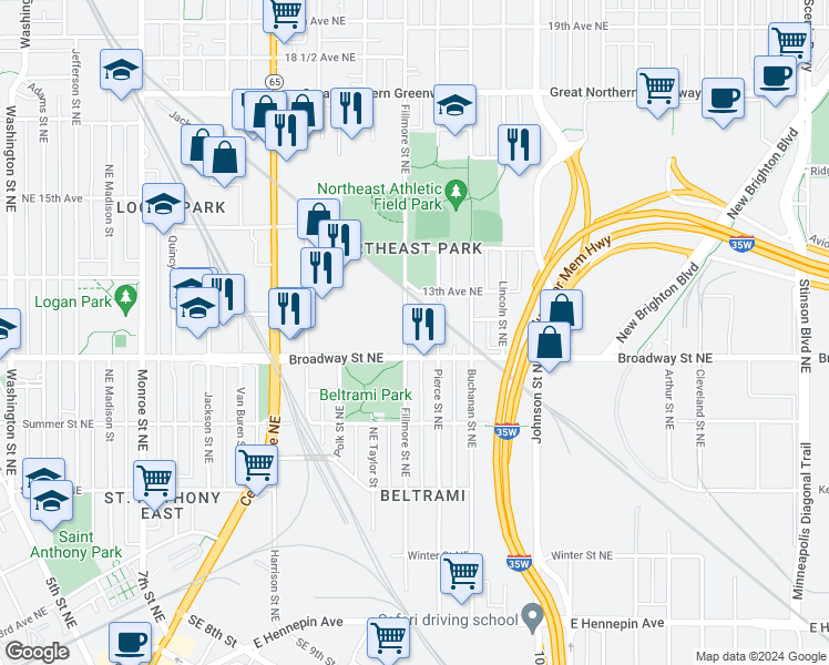map of restaurants, bars, coffee shops, grocery stores, and more near 1130 Pierce Street Northeast in Minneapolis