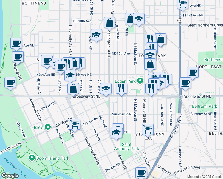 map of restaurants, bars, coffee shops, grocery stores, and more near 1202 Adams Street Northeast in Minneapolis
