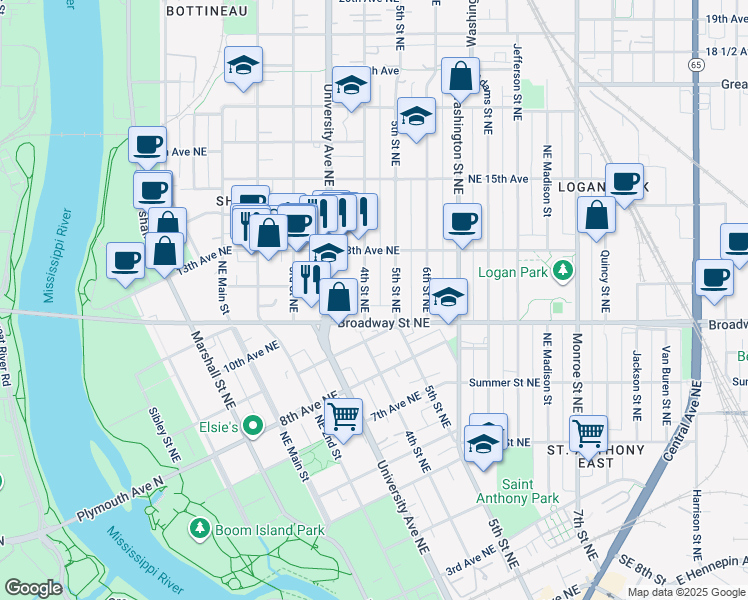 map of restaurants, bars, coffee shops, grocery stores, and more near 1209 4th Street Northeast in Minneapolis