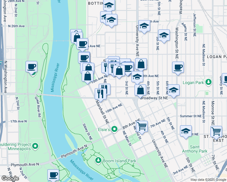 map of restaurants, bars, coffee shops, grocery stores, and more near 149 12th Avenue Northeast in Minneapolis