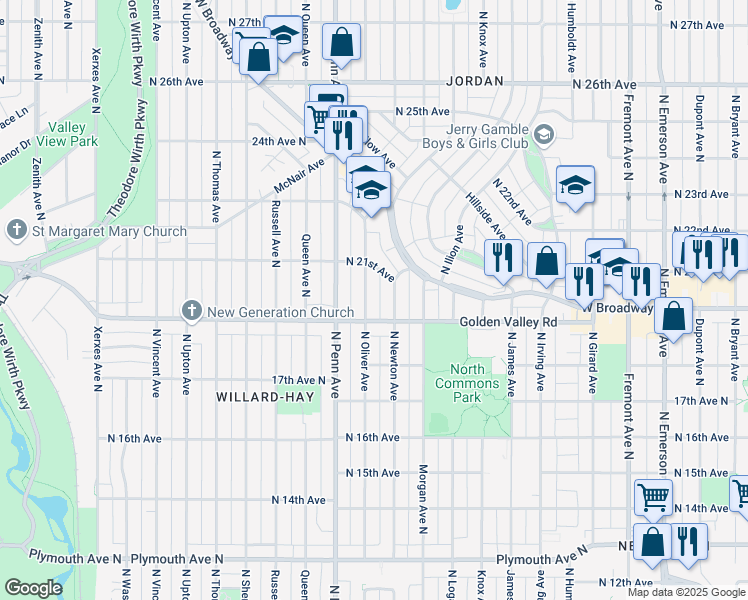 map of restaurants, bars, coffee shops, grocery stores, and more near 2001 North 21st Avenue in Minneapolis