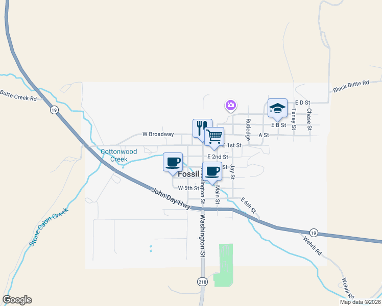 map of restaurants, bars, coffee shops, grocery stores, and more near 404 West 2nd Street in Fossil