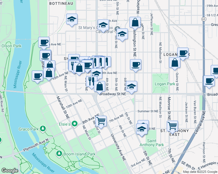 map of restaurants, bars, coffee shops, grocery stores, and more near 1119 4th Street Northeast in Minneapolis