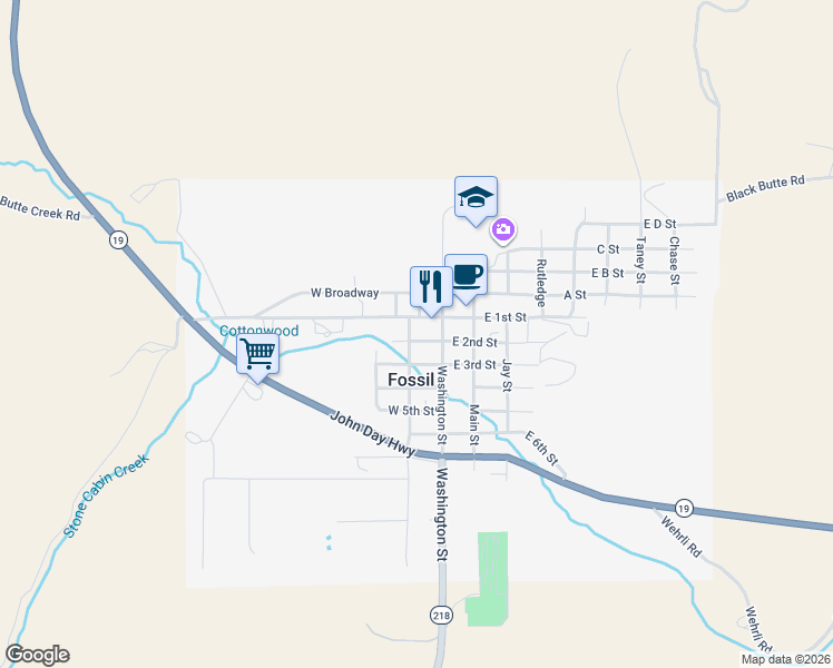 map of restaurants, bars, coffee shops, grocery stores, and more near 415 First Street in Fossil