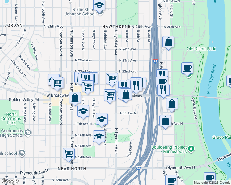 map of restaurants, bars, coffee shops, grocery stores, and more near 2017 North Lyndale Avenue in Minneapolis