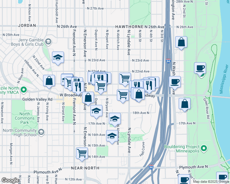 map of restaurants, bars, coffee shops, grocery stores, and more near 2024 North Aldrich Avenue in Minneapolis