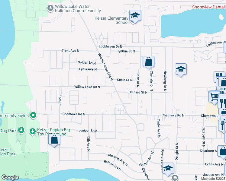 map of restaurants, bars, coffee shops, grocery stores, and more near 1103 Orchard Court North in Keizer