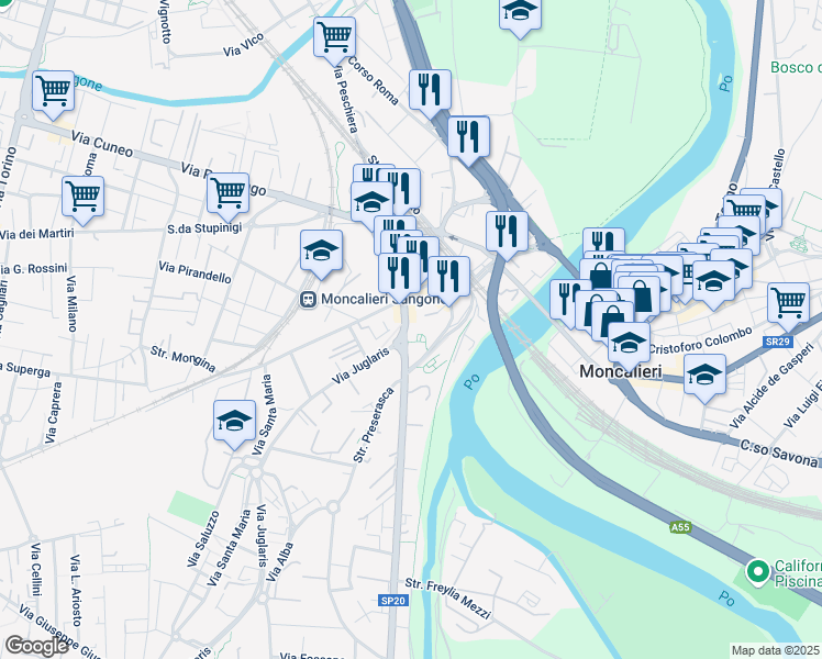 map of restaurants, bars, coffee shops, grocery stores, and more near 1 Piazza Mercato in Moncalieri