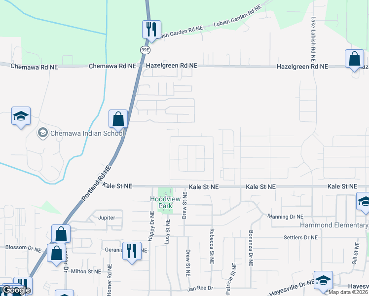 map of restaurants, bars, coffee shops, grocery stores, and more near 5082 Copper Creek Loop Northeast in Salem