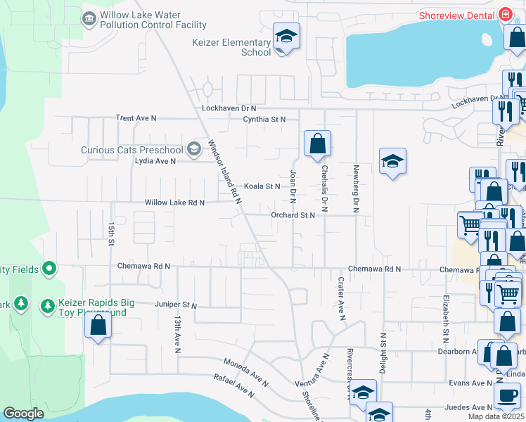 map of restaurants, bars, coffee shops, grocery stores, and more near 937 Orchard Street North in Keizer