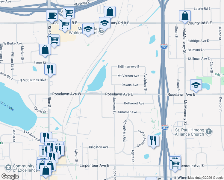 map of restaurants, bars, coffee shops, grocery stores, and more near in Little Canada