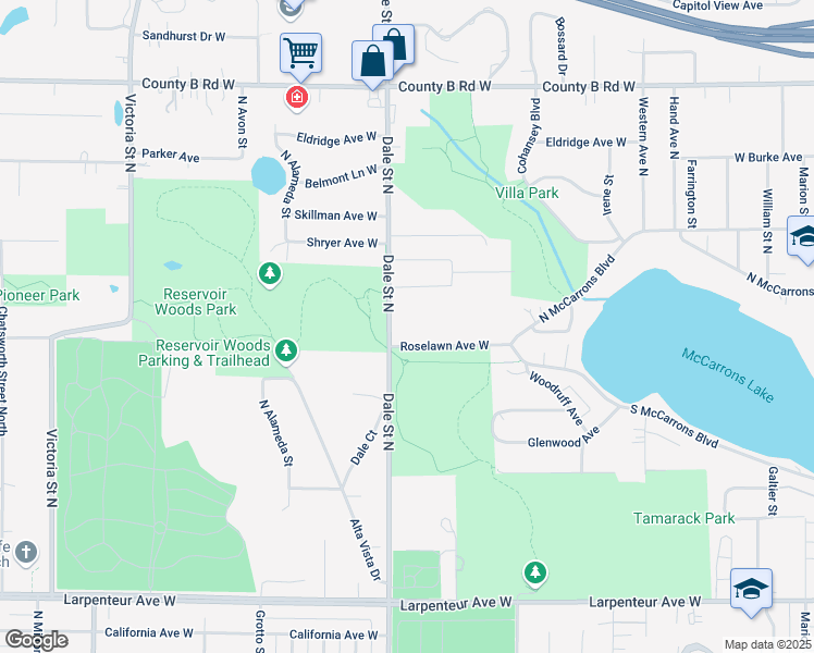 map of restaurants, bars, coffee shops, grocery stores, and more near 1950 Dale Street North in Roseville