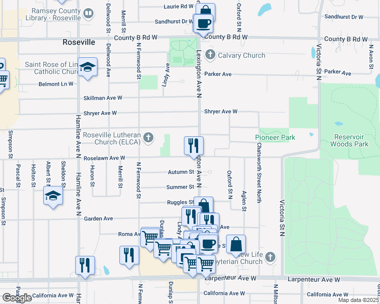 map of restaurants, bars, coffee shops, grocery stores, and more near 1943 Lexington Avenue North in Roseville