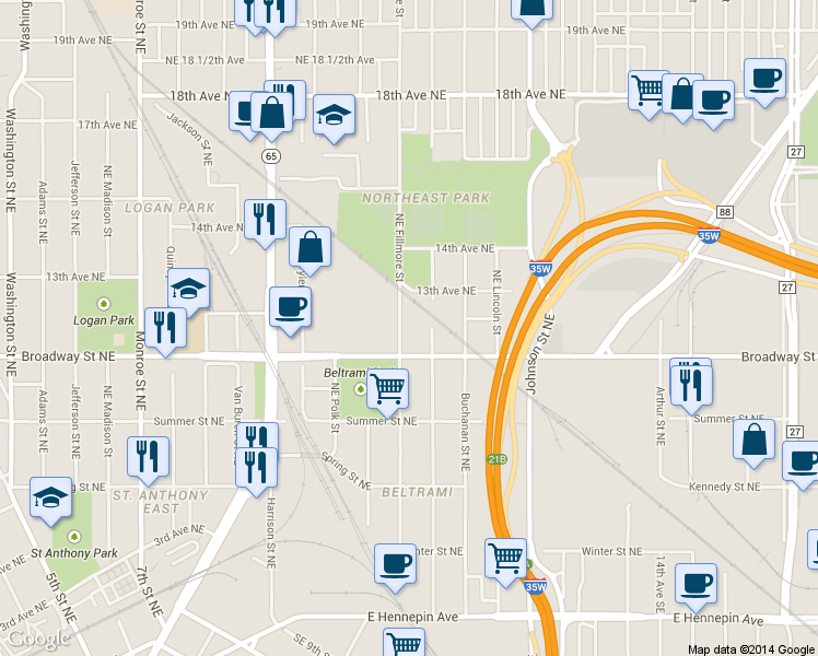 map of restaurants, bars, coffee shops, grocery stores, and more near 1130 Pierce Street Northeast in Minneapolis